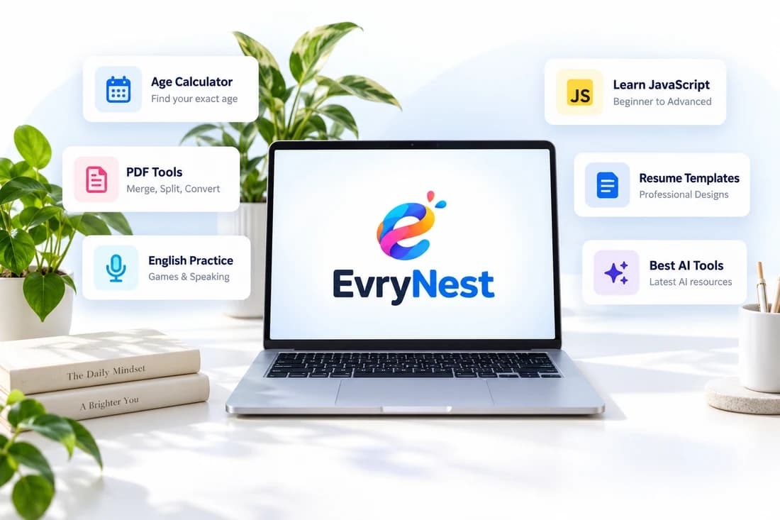 EvryNest laptop surrounded by plants and cards for calculators, PDF tools, English practice, courses, resume templates and AI resources